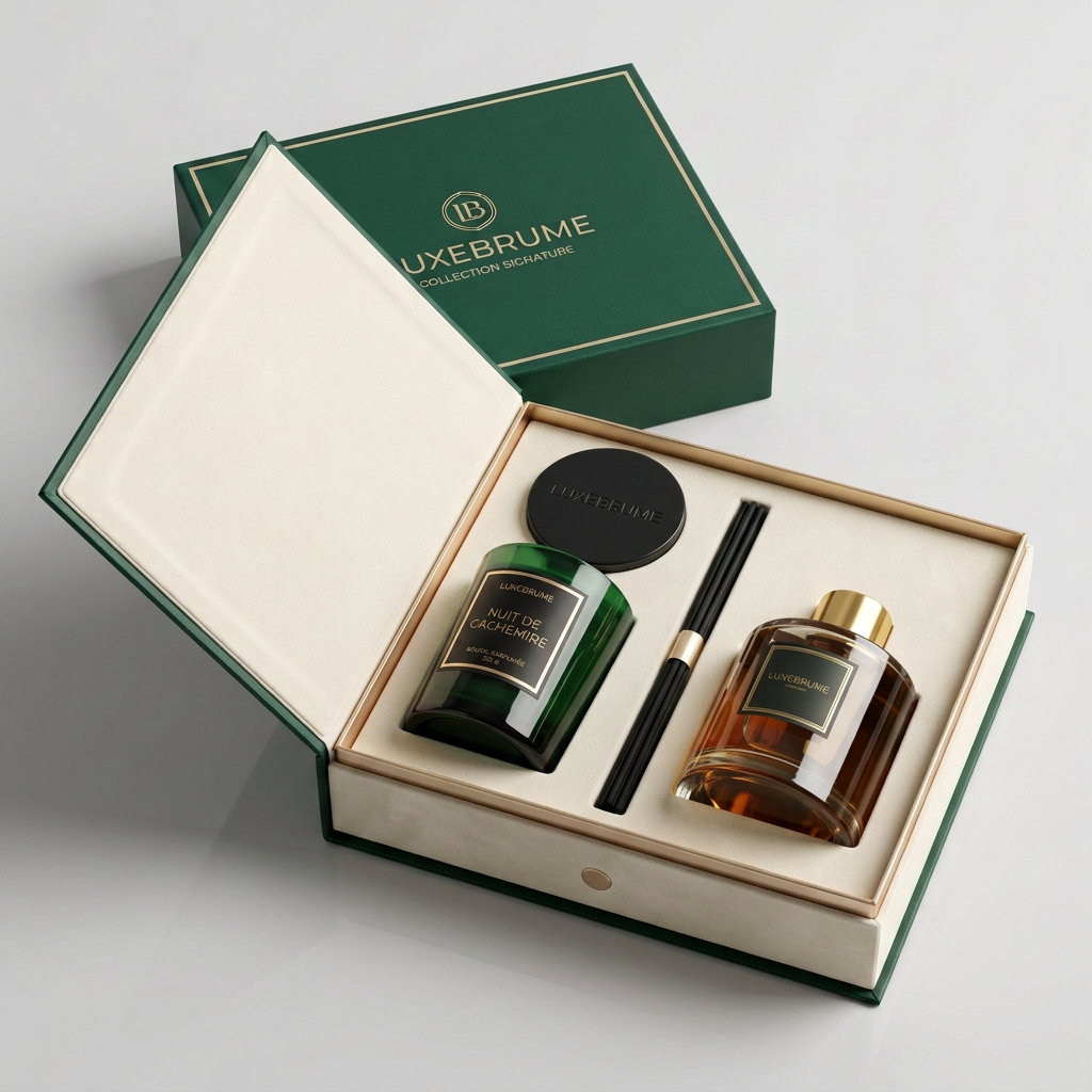 Coffret LuxeBrume vert et ivoire avec une bougie et un diffuseur
