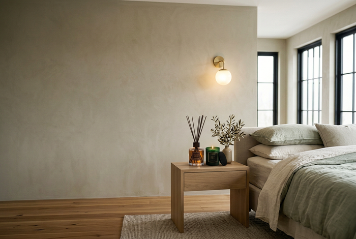 Diffuseur et bougie LuxeBrume dans une chambre