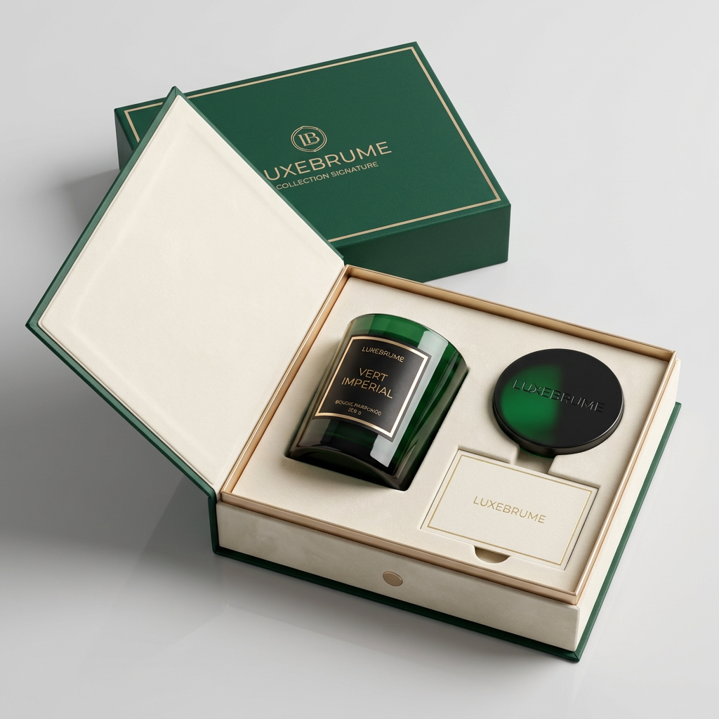 Bougie parfumée Vert Impérial présentée dans son coffret – LuxeBrume