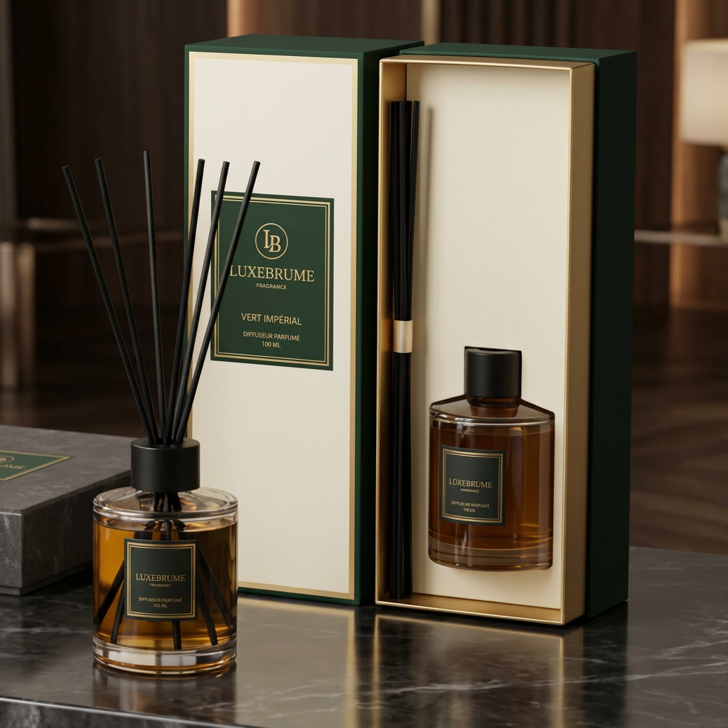Diffuseur parfumé Vert Impérial présenté dans son coffret – LuxeBrume
