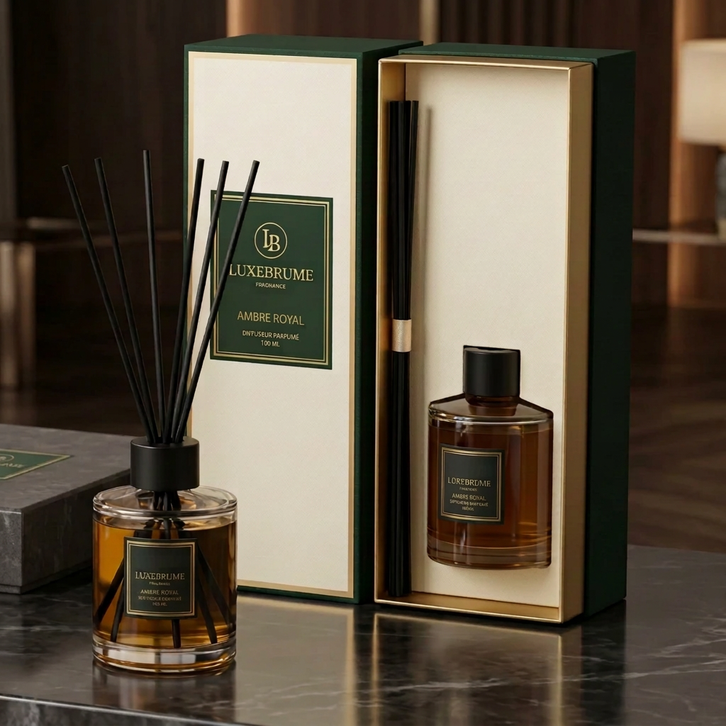 Diffuseur parfumé Ambre Royal présenté dans son coffret – LuxeBrume