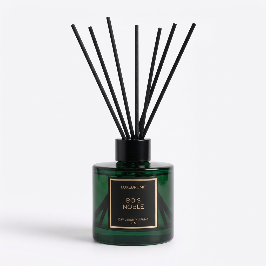 Diffuseur parfumé LuxeBrume Bois Noble en verre vert profond avec bâtonnets noirs