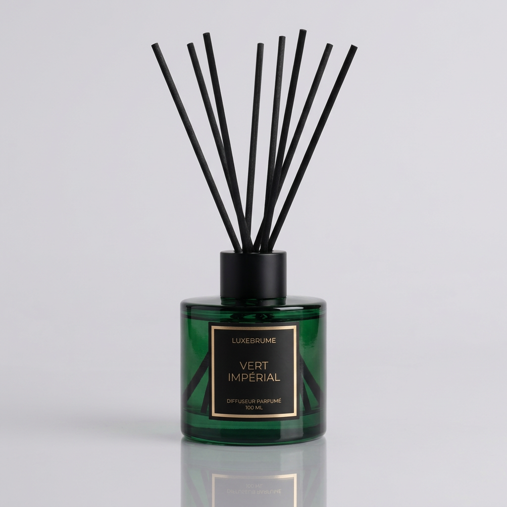 Diffuseur parfumé LuxeBrume Vert Impérial en verre vert profond avec bâtonnets noirs