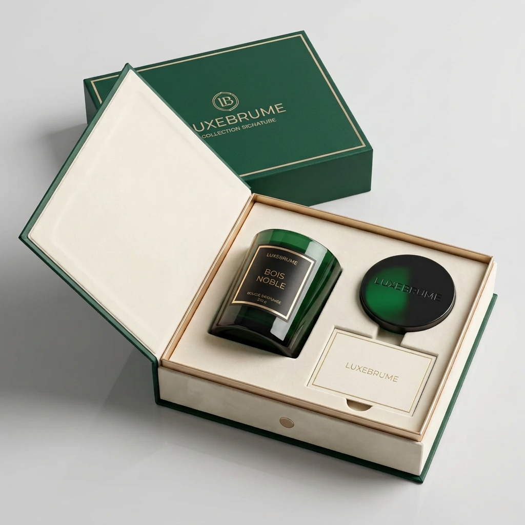 Coffret cadeau LuxeBrume vert et ivoire avec la bougie parfumée Bois Noble