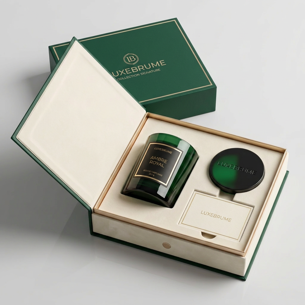 Coffret cadeau LuxeBrume vert et ivoire avec la bougie parfumée Ambre Royal