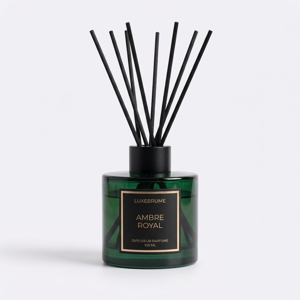 Diffuseur parfumé LuxeBrume Ambre Royal en verre vert profond avec bâtonnets noirs