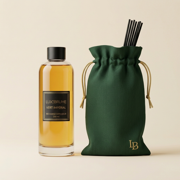 Recharge diffuseur Vert Impérial et sa pochette verte